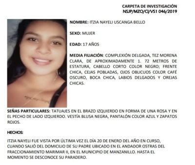 Activan Alerta Ambar para localizar a Itzia Nayeli Uscanga, de Manzanillo