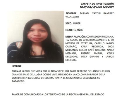 Activan Alerta Alba para localizar a Miriam Yatziri Ramirez de 15 años