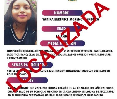 Yadira Berenice ya fue localizada, desactivan Alerta Alba