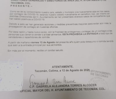 Prohiben acceso a oficinas de presidencia a repartidores y vendedores de alimentos