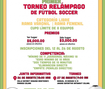 Ayuntamiento de Colima convoca a torneo relámpago de fútbol