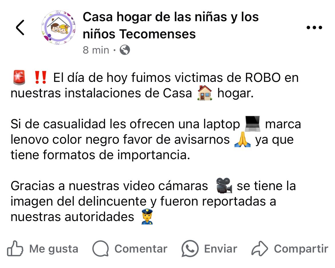 Roban computadora de las instalaciones de la Casa Hogar de los  Niños y Niñas Tecomenses