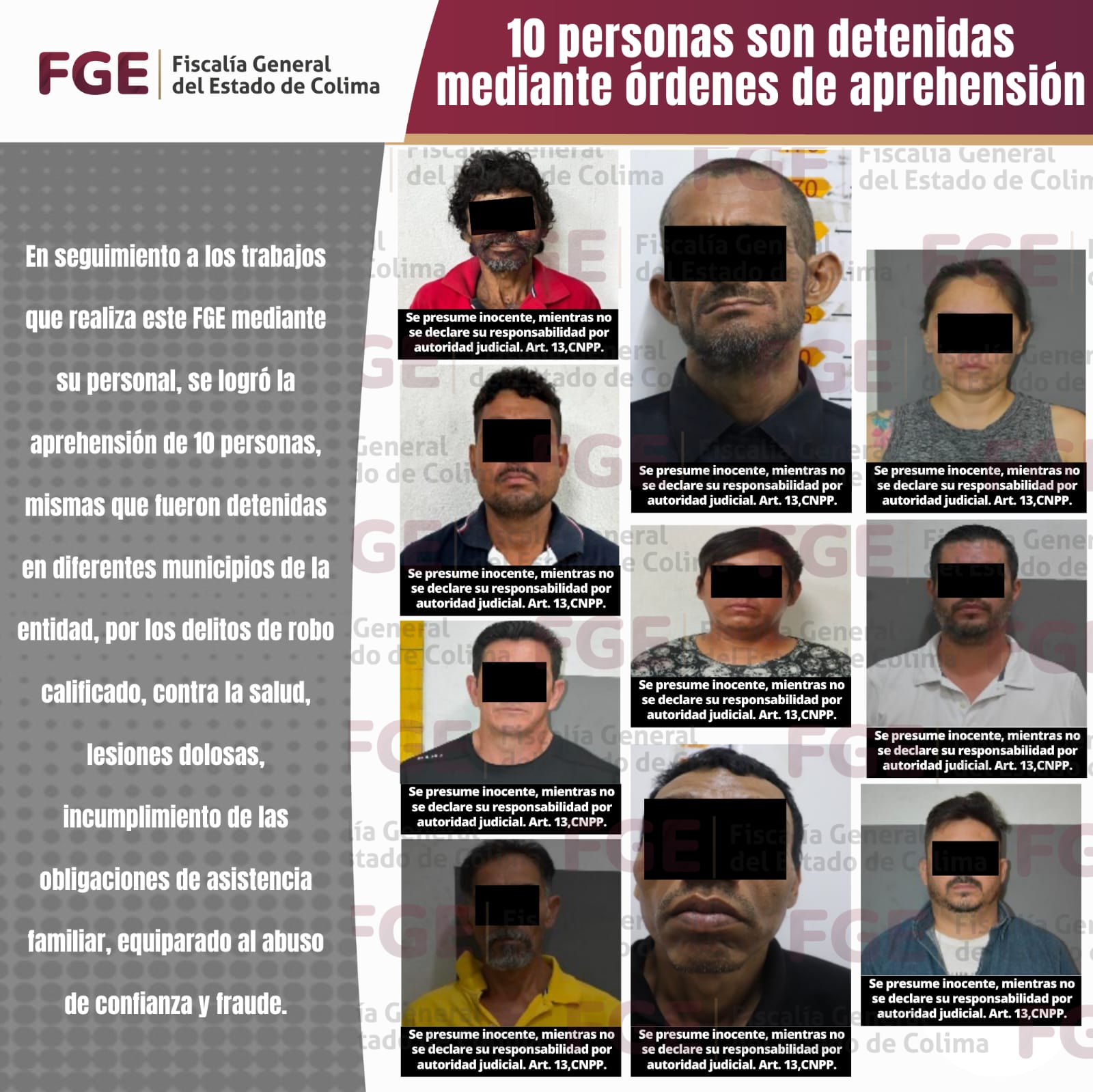 10 personas son detenidas mediante órdenes de aprehensión