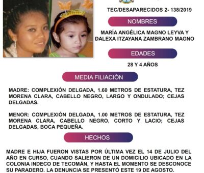 Desaparecen madre e hija de la colonia Indeco, se solicita apoyo para localizarlas