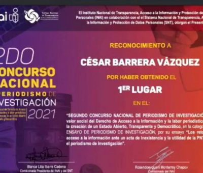 Gana egresado de periodismo de la UdeC premio nacional del INAI